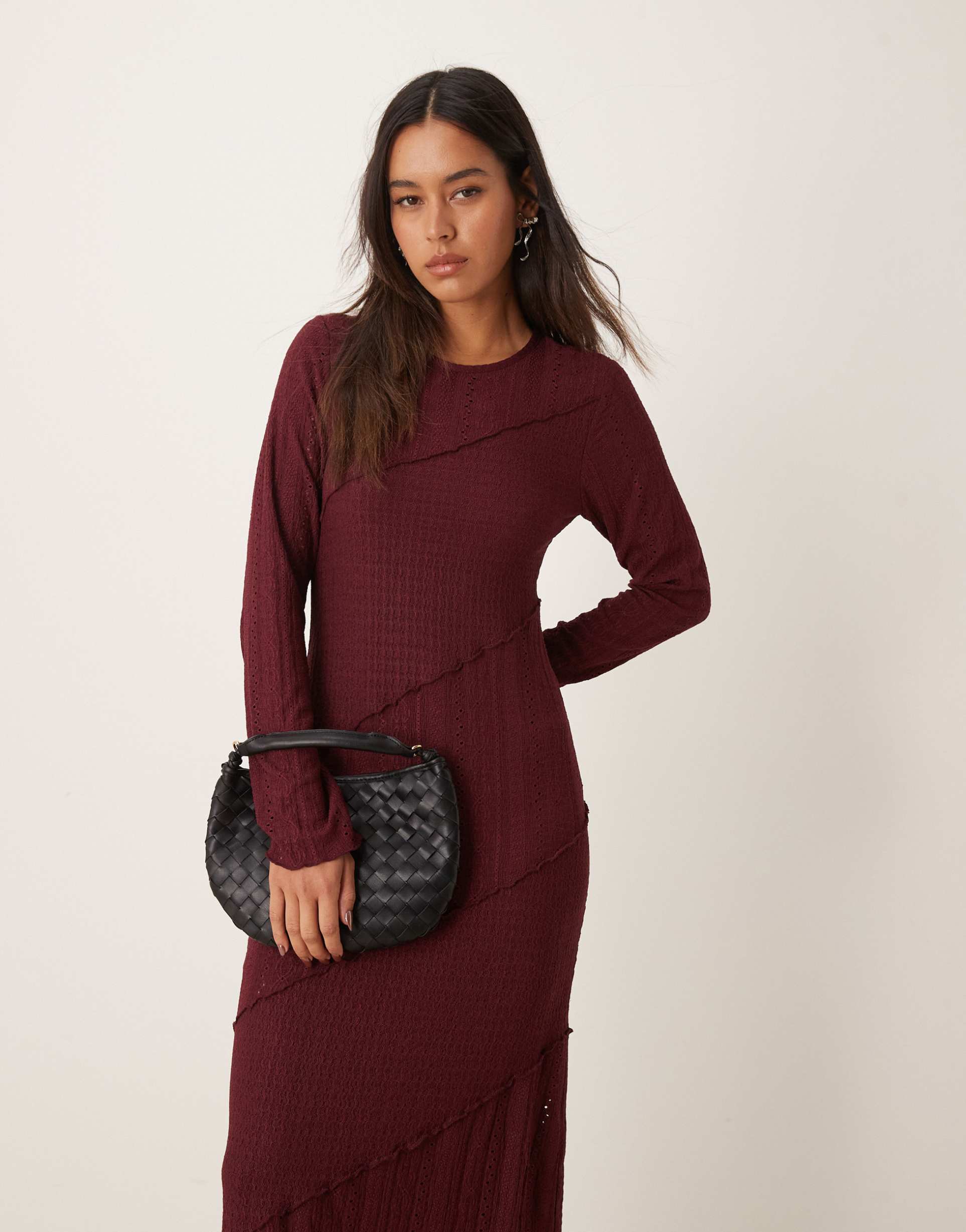 miss selfridge mixed texture long sleeve dress in burgundy