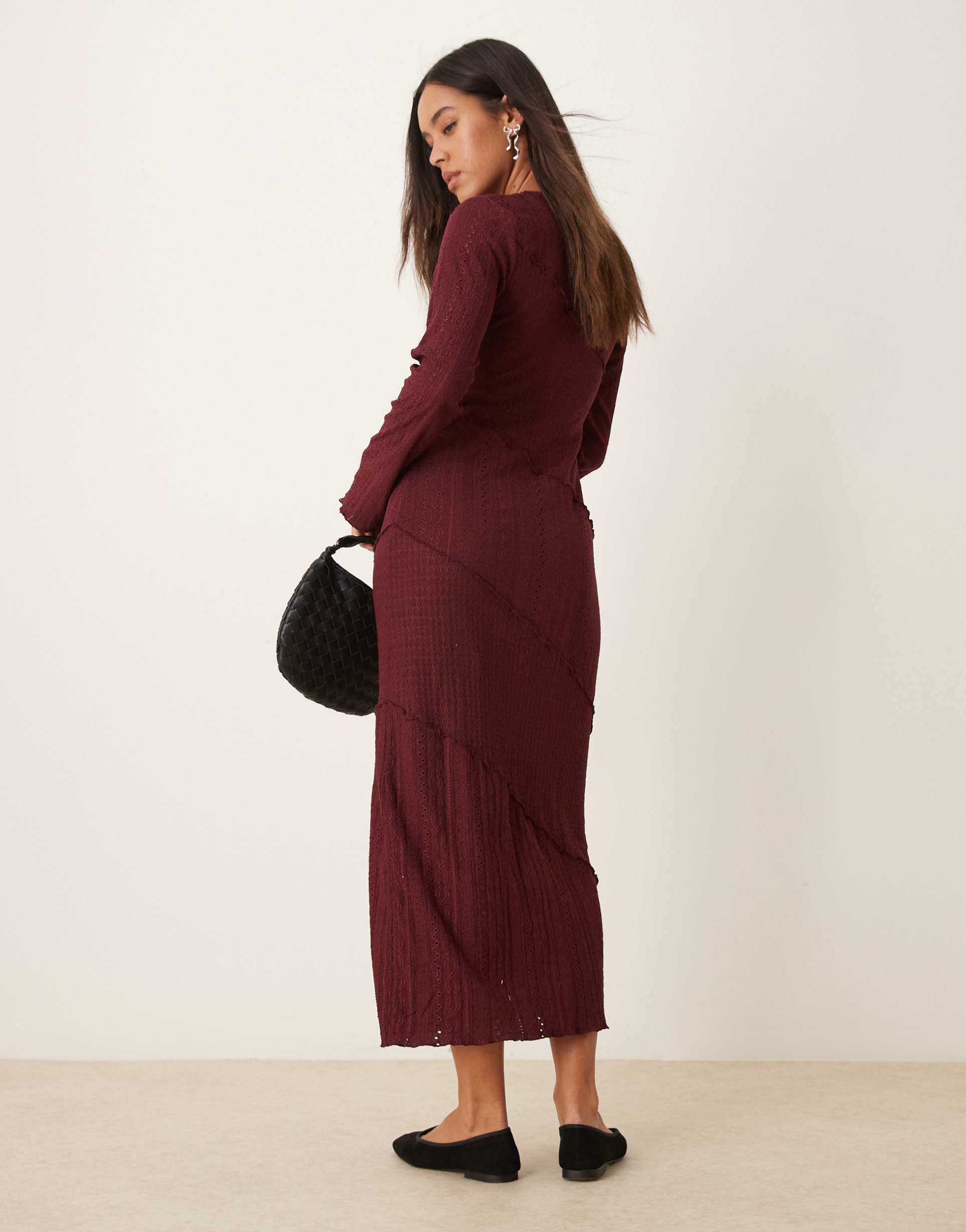 miss selfridge mixed texture long sleeve dress in burgundy