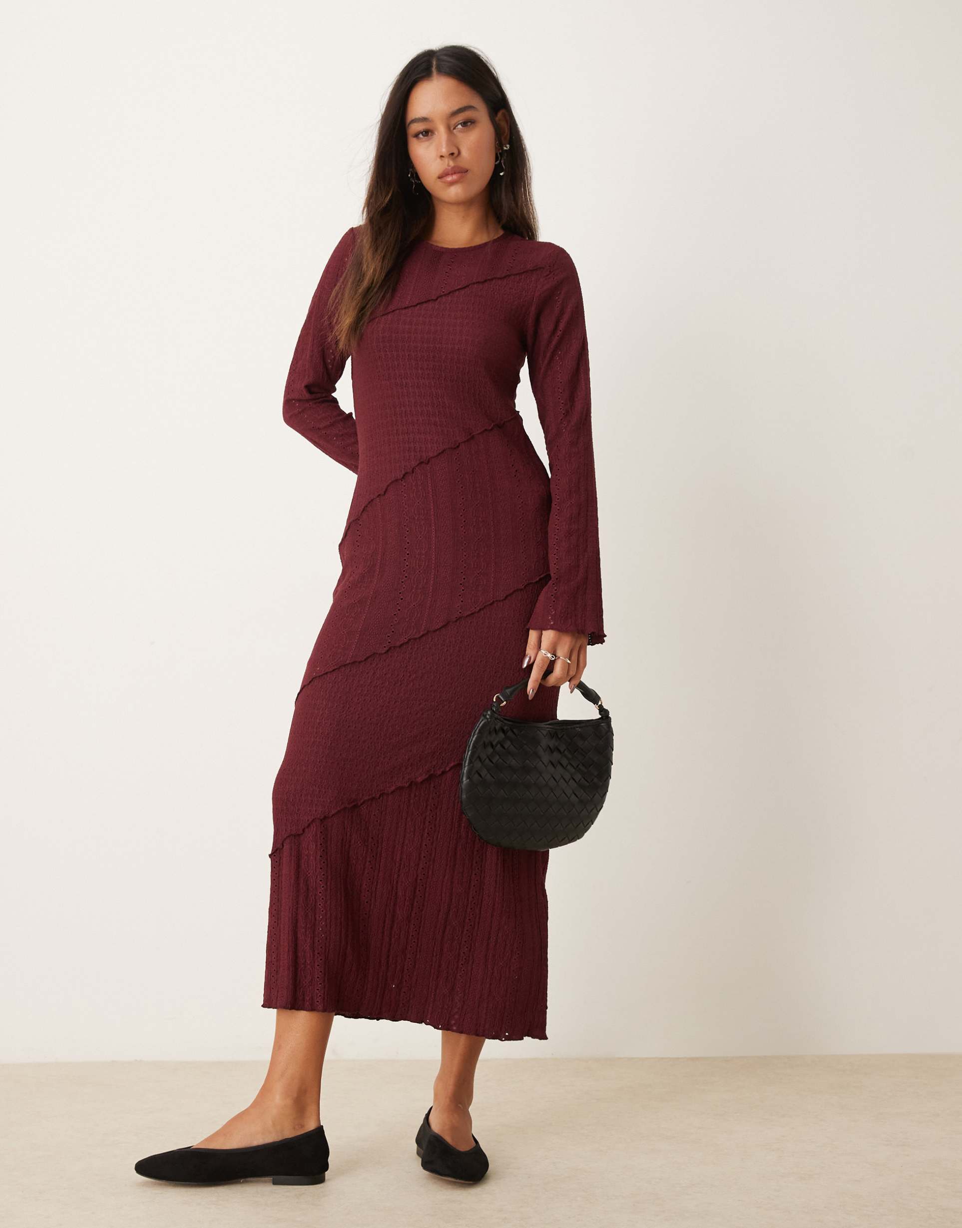 miss selfridge mixed texture long sleeve dress in burgundy