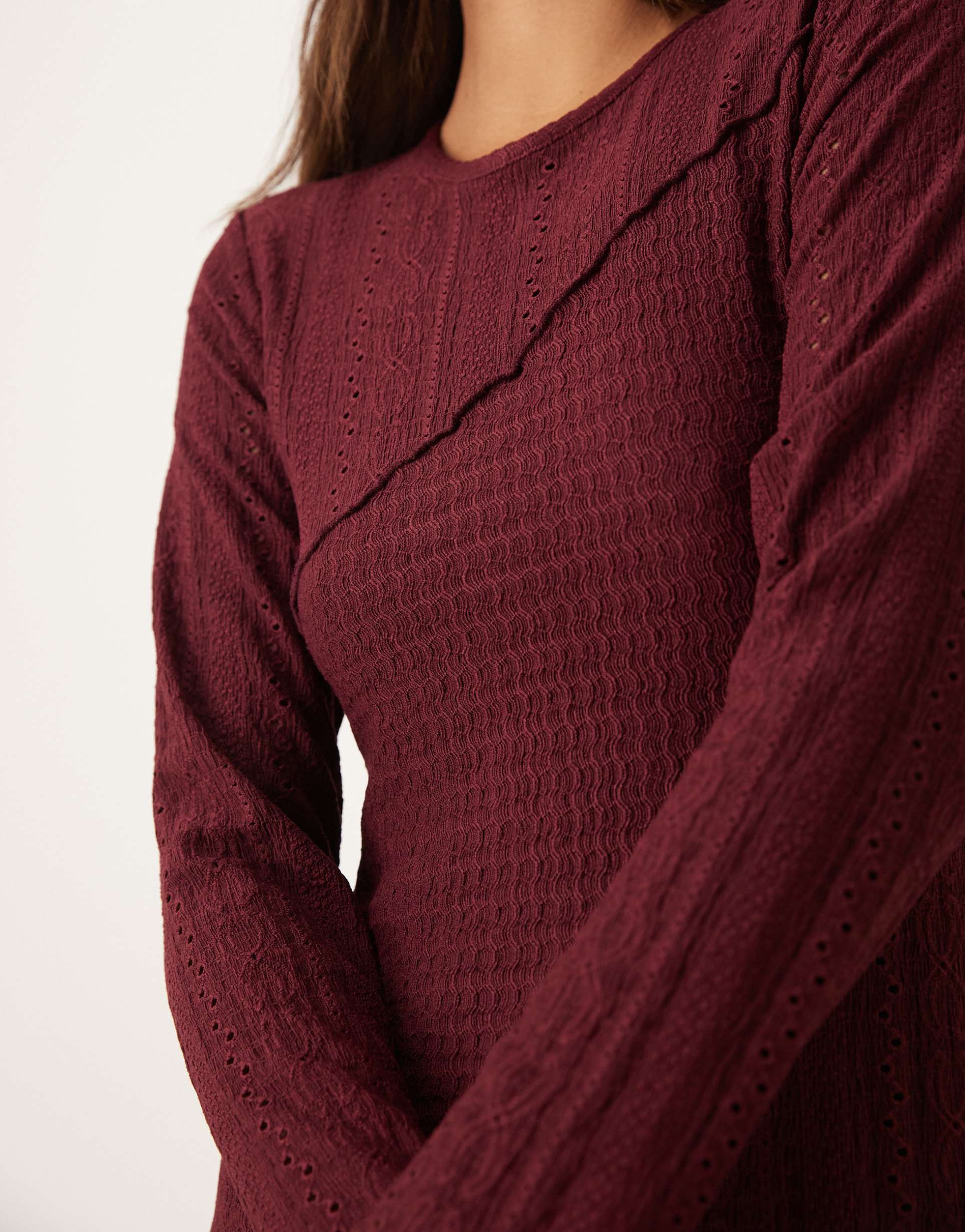 miss selfridge mixed texture long sleeve dress in burgundy