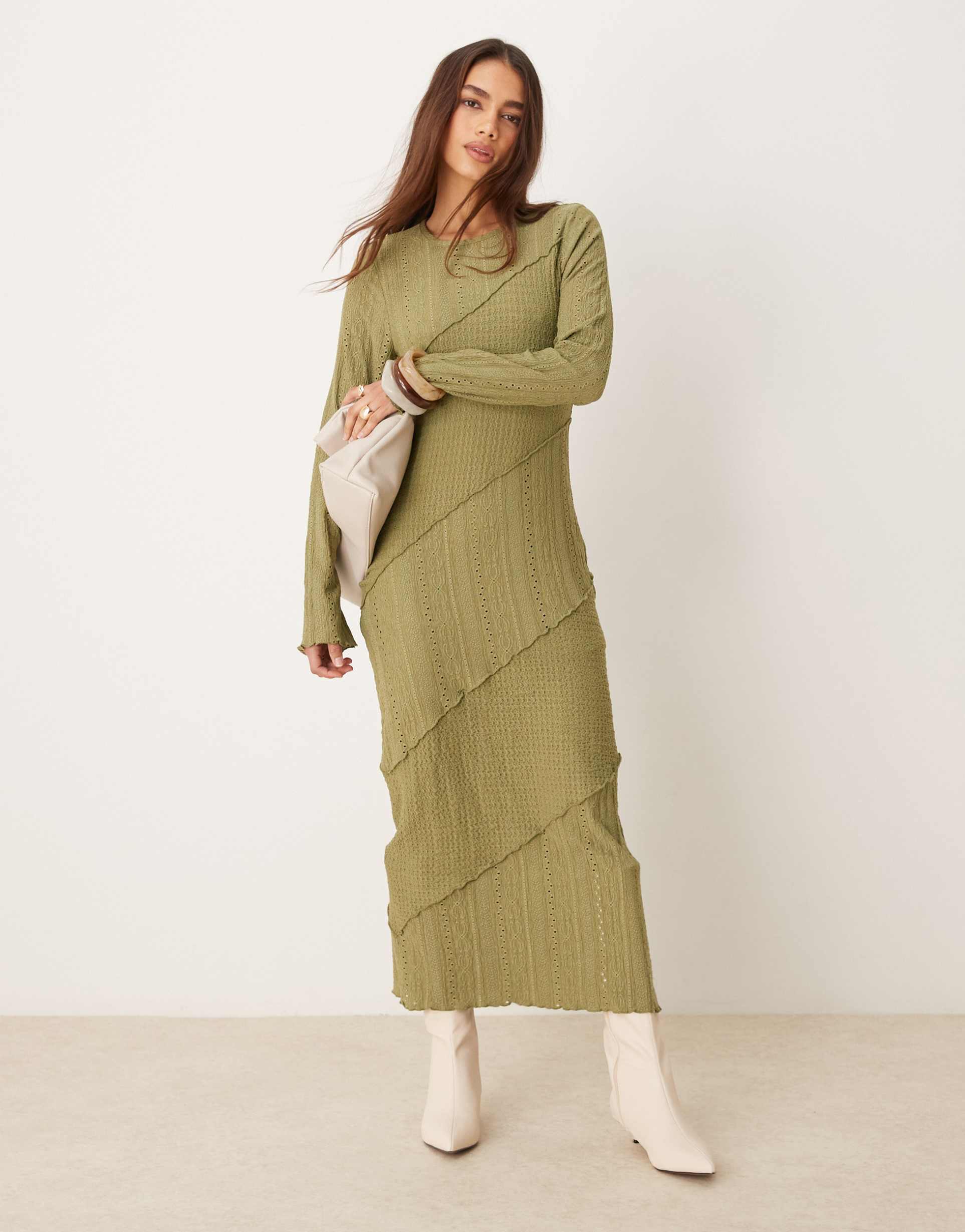 miss selfridge mixed texture long sleeve dress in olive