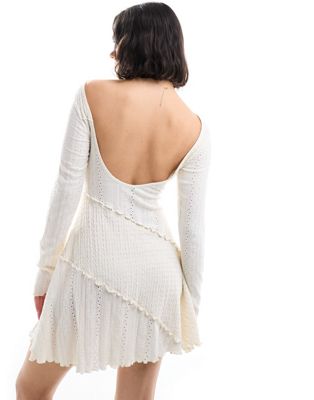 Miss Selfridge Mixed Texture Long Sleeve Scoop Back Mini Dress In Stone-neutral