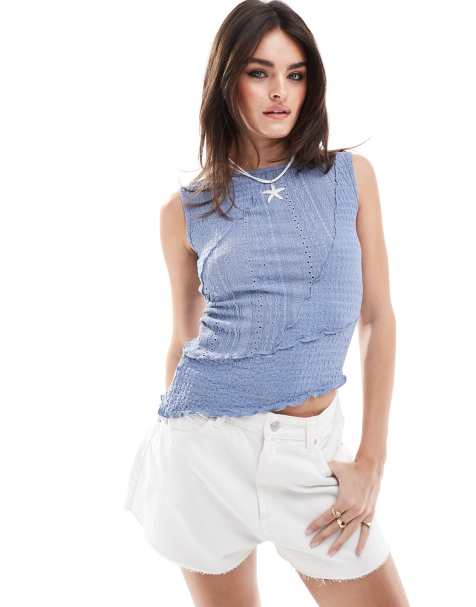Miss Selfridge mixed texture sleeveless top in blue - view 1