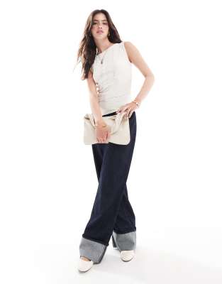 miss selfridge mixed texture sleeveless top in stone