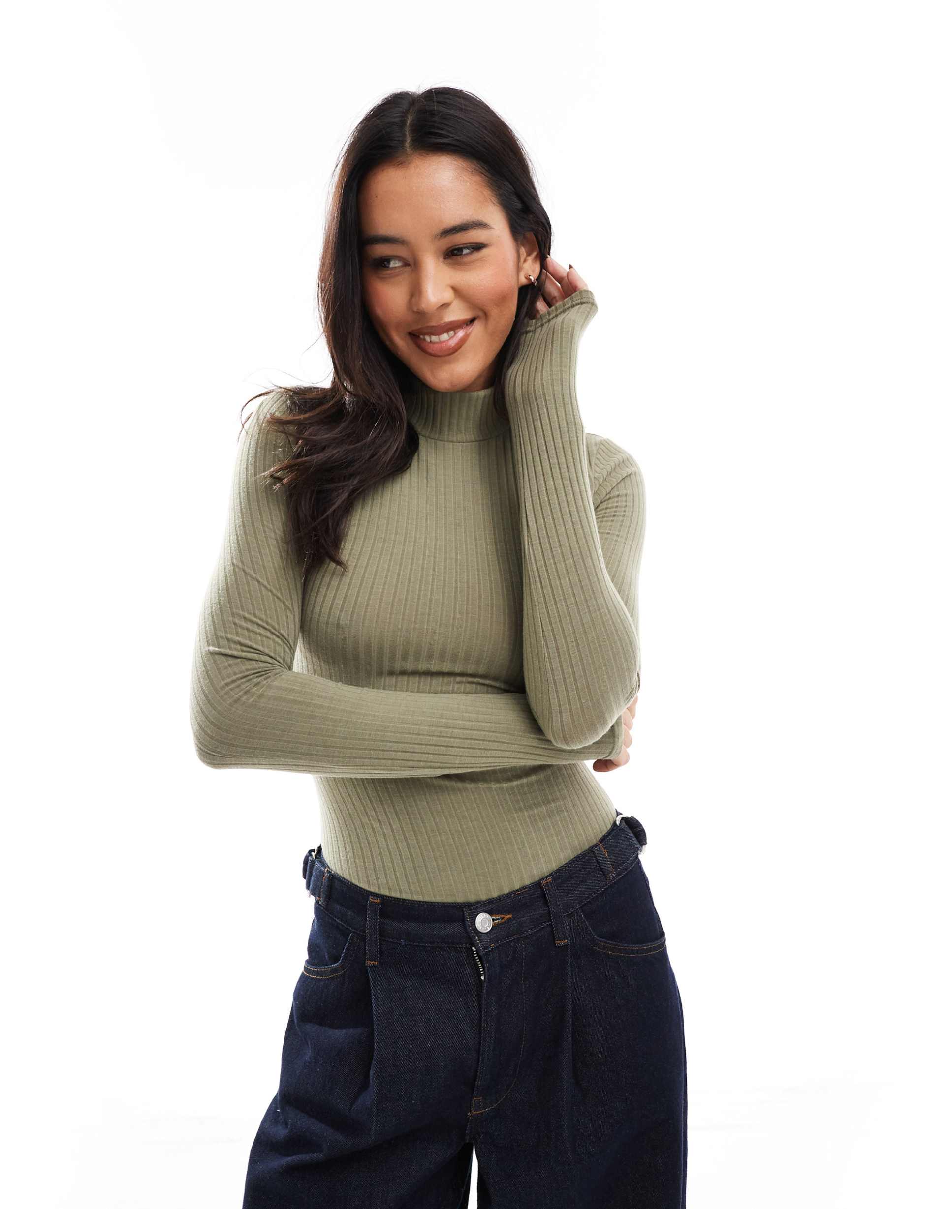 miss selfridge mock neck soft rib bodysuit in khaki