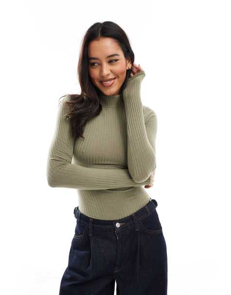 Miss Selfridge mock neck soft rib bodysuit in khaki