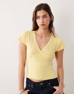 Miss Selfridge Mock Wrap Short Sleeve Knit Top In Yellow