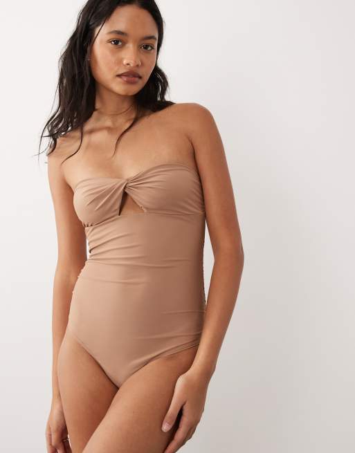 Miss Selfridge – Mockabrun baddräkt i bandeau-modell med snurrad knut, 3 av 4