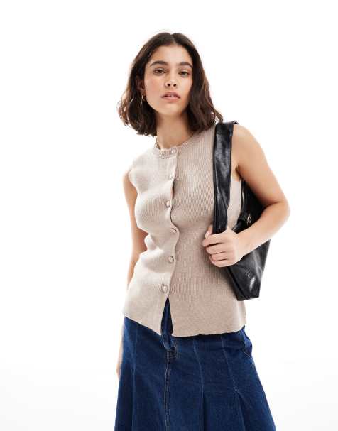 Miss Selfridge - Mokkafarvet strikvest med indsyninger i taljen - view 1