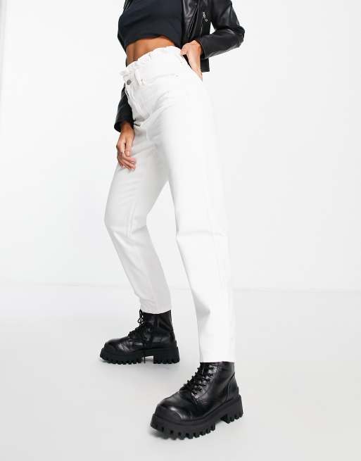 Miss Selfridge Mom high waist frill top jeans in white, 4 of 4