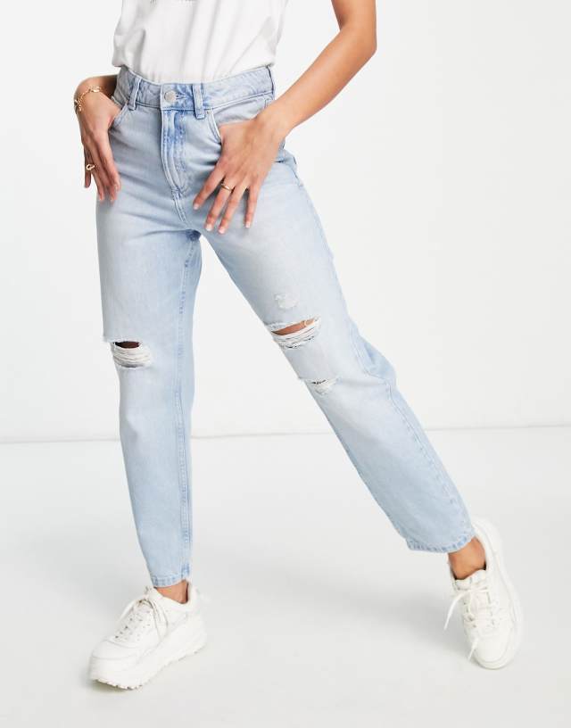 Miss Selfridge Mom high waist ripped jean in lightwash blue