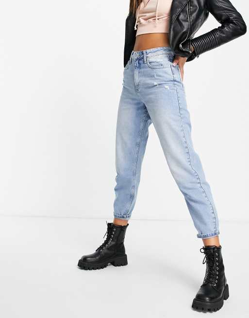 Miss Selfridge Mom high waist tapered leg jean in light wash blue