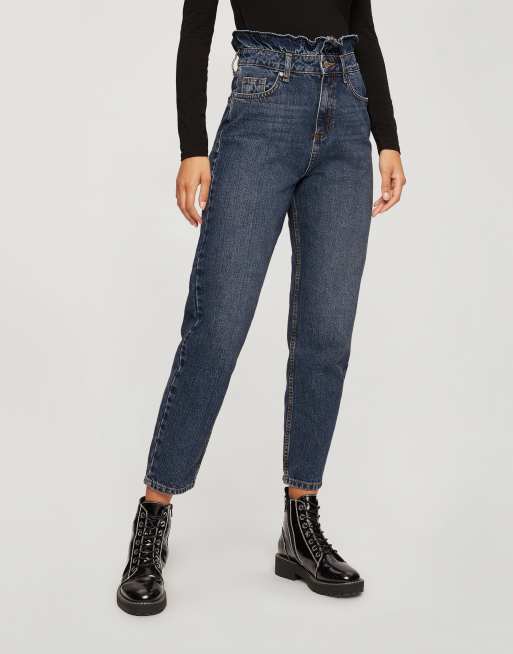 Miss Selfridge mom jeans with frill detail in blue