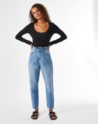 Miss Selfridge mom jeans with frill detail in blue - ASOS Price Checker