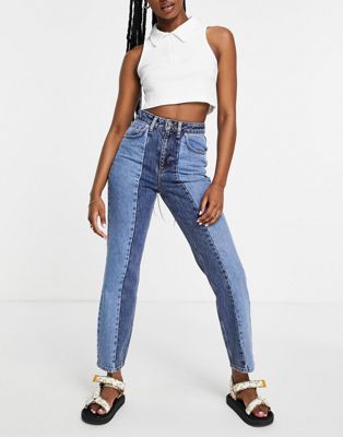 Miss Selfridge mom patch high waist tapered jeans in mixed blue - ASOS Price Checker
