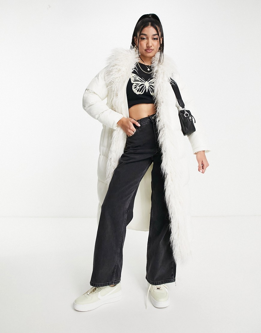 Miss Selfridge mongolian faux fur longline puffer coat in ivory-White
