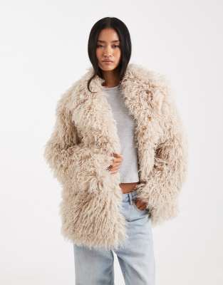Miss Selfridge Mongolian Faux Fur Oversized Coat In Neutral
