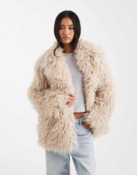 Miss Selfridge mongolian faux fur oversized coat in buttermilk