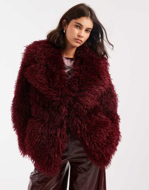 Miss Selfridge mongolian faux fur oversized coat in plum