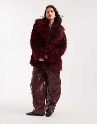 Miss Selfridge Mongolian Faux Fur Oversized Coat In Brown