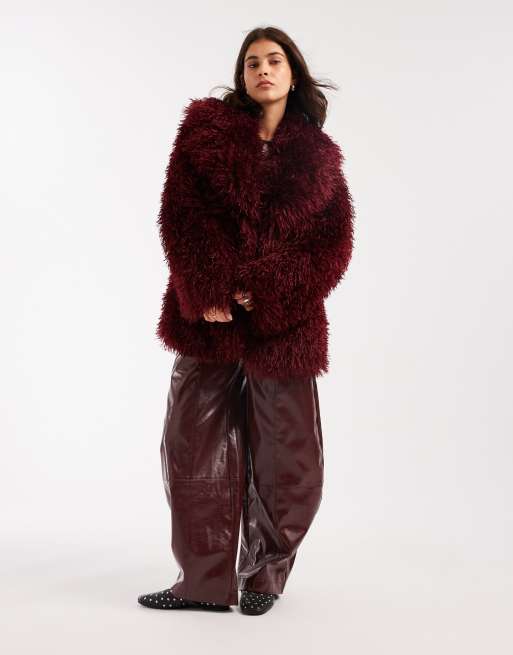 Miss Selfridge mongolian faux fur oversized coat in plum