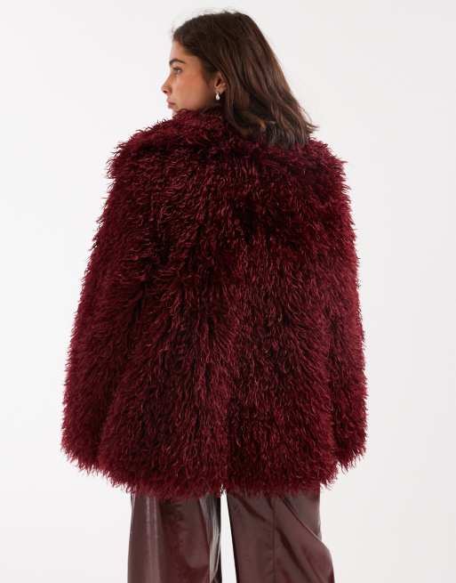 Miss Selfridge mongolian faux fur oversized coat in plum