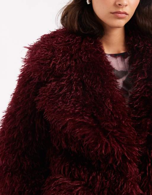 Miss Selfridge mongolian faux fur oversized coat in plum