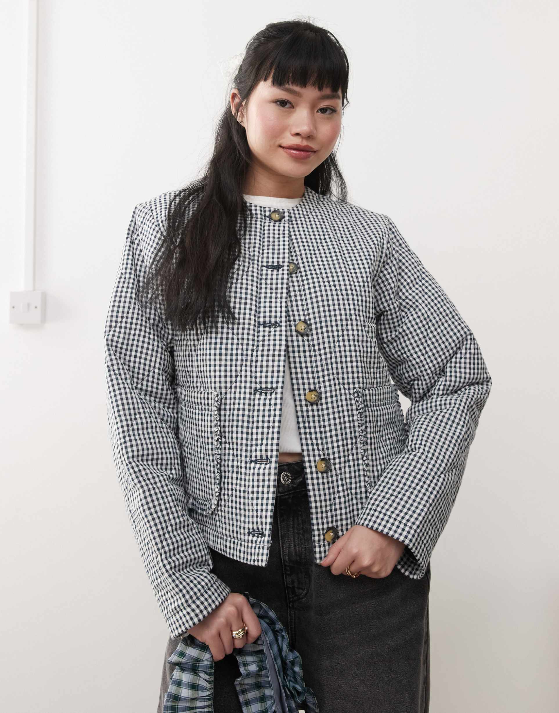 miss selfridge mono check quilted bed jacket