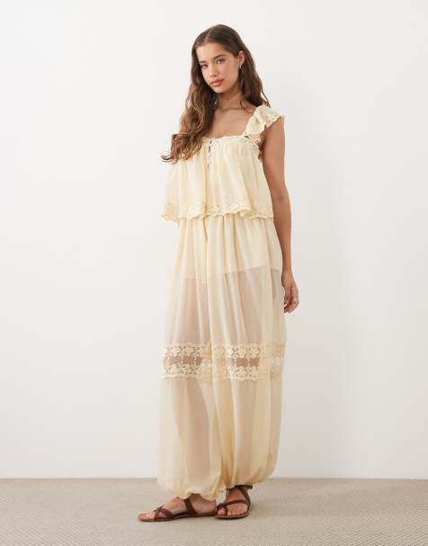 Miss Selfridge - Mono largo color crudo bombacho con inserto de encaje - view 1