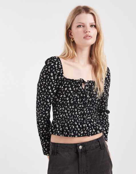 Miss Selfridge – Mörk, småblommig milkmaid-topp med långa ärmar - view 1