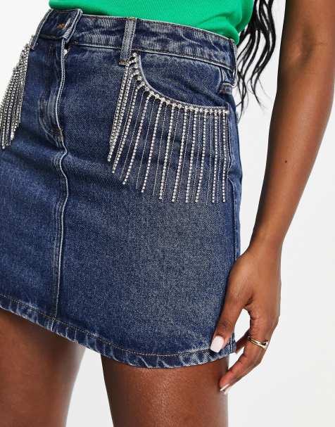 Miss Selfridge – Mörkblå, mikrokort minikjol med strassfransar - view 1