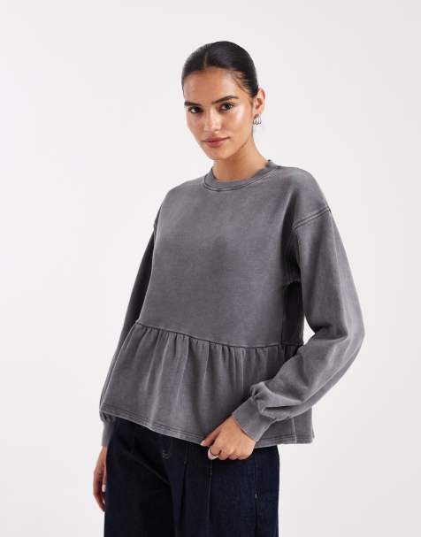 Miss Selfridge – Mörkgrå sweatshirt med volangkant - view 1
