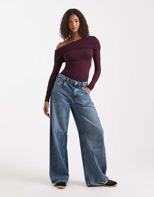 Miss Selfridge – Mörklila body med asymmetrisk bardotringning, 4 av 4