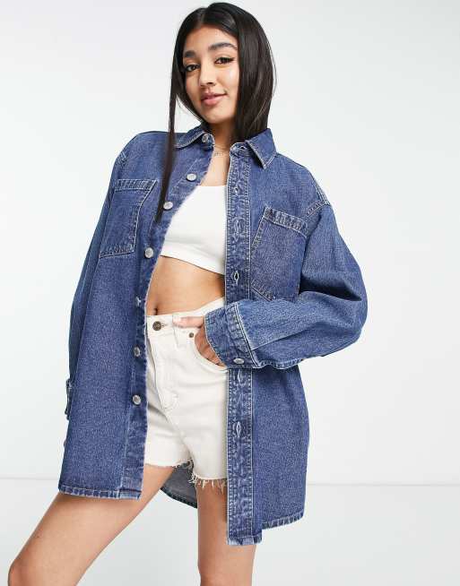 Miss Selfridge – Mörktvättad jeansskjorta i oversize