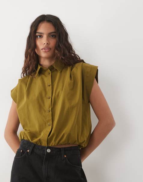 Miss Selfridge mouwloos overhemd met bubbelzoom in kaki - view 1