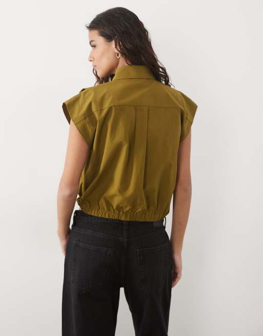 Miss Selfridge mouwloos overhemd met bubbelzoom in kaki, 4 van 4