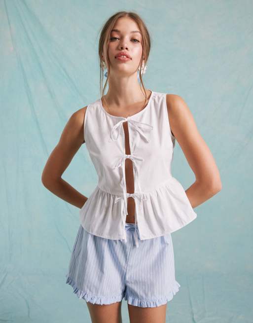 Miss Selfridge - Mouwloze poplin top met gestrikte voorkant in wit