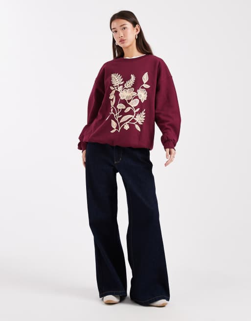 Miss Selfridge - Mørk kirsebærfarvet sweatshirt med blomstergrafik, 2 af 4
