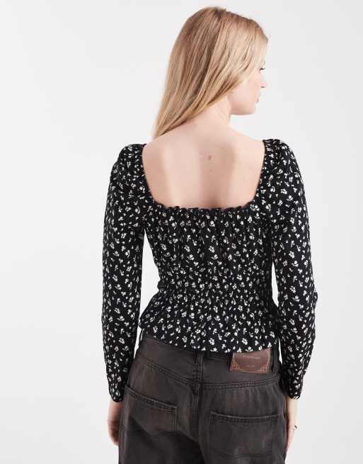 Miss Selfridge - Mørk langærmet milkmaid-top med småblomstret print, 4 af 4