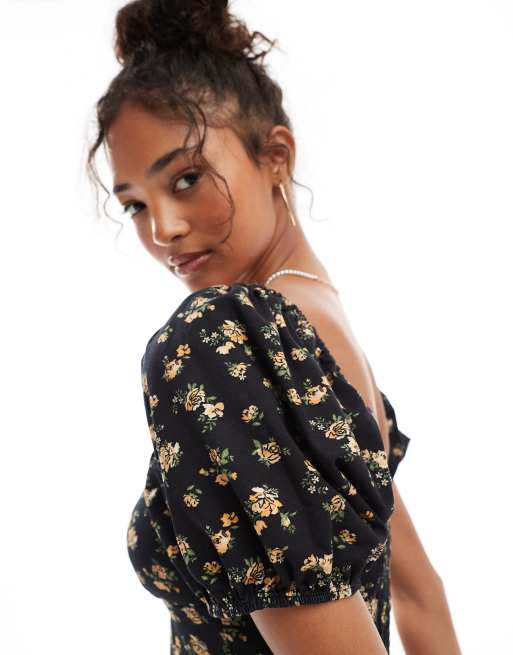 Miss Selfridge - Mørk milkmaid-minikjole med pufærmer og småblomstret print, 2 af 4