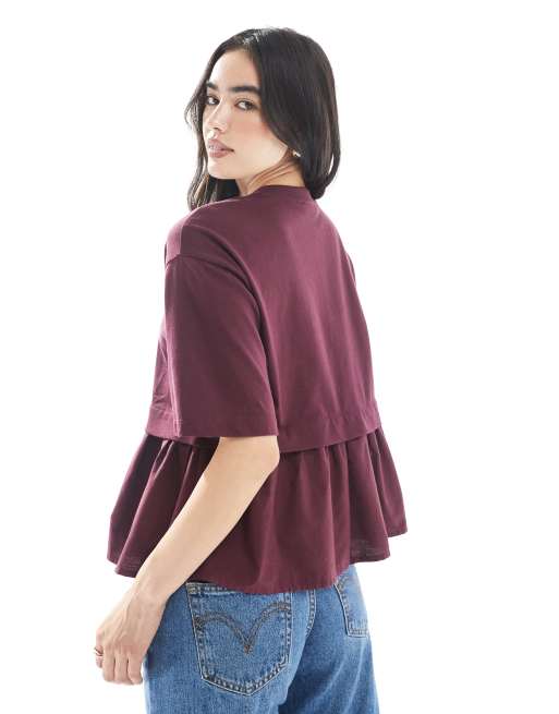 Miss Selfridge - Mørklilla T-shirt med flæsekant i poplin-blanding, 4 af 4