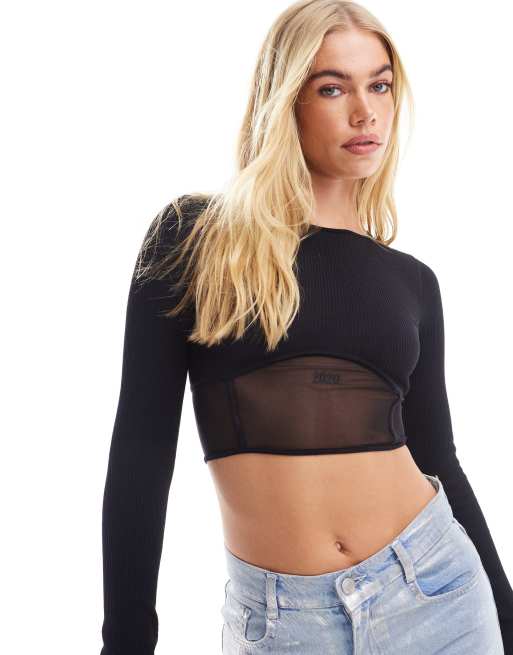 Miss Selfridge – Nahtloses, langärmliges Oberteil in Schwarz mit Netzstoff und Korsagen-Einsatz