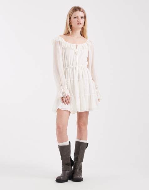 Miss Selfridge – Naturvit milkmaid-klänning i chiffong och spets - view 1