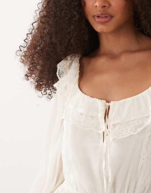 Miss Selfridge – Naturvit milkmaid-klänning i chiffong och spets, 4 av 4