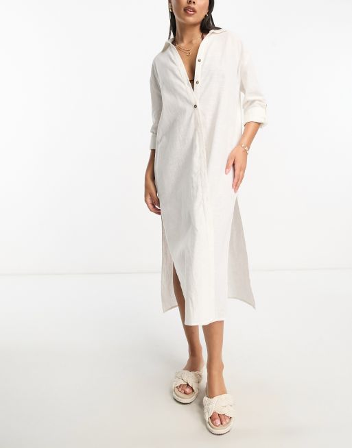 Miss Selfridge – Naturvit strandskjorta i maxilängd och linnelook , 3 av 4