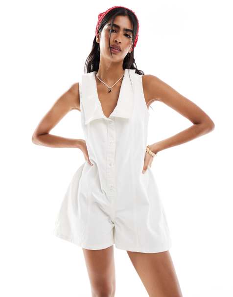 Miss Selfridge – Naturvit, tvättad playsuit i denim med sjömanskrage - view 1