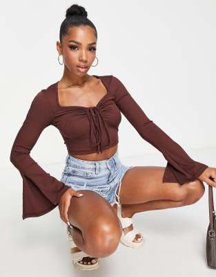Miss Selfridge neck tie flared sleeve crop top in brown