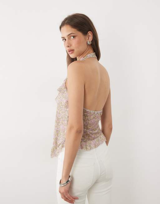 Miss Selfridge – Neckholder-Oberteil mit gebundener Vorderseite, Rüschen und Blumenmuster, 3 von 4