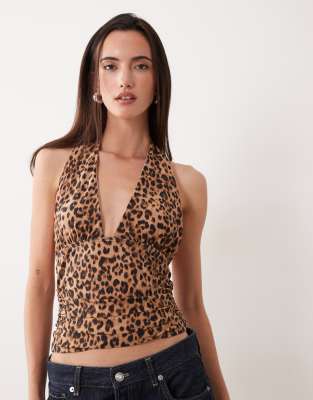 Miss Selfridge - Neckholder-Oberteil mit Leopardenmuster-Mehrfarbig