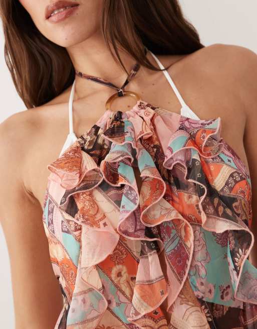 Miss Selfridge – Neckholder-Strandkleid mit Ringdetail und Tuchprint in Patchwork-Optik, 3 von 4